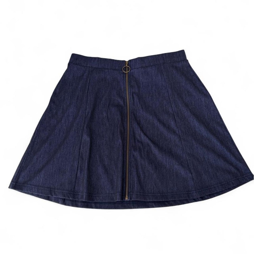 Ultra Flirt Women Blue Denim Look Front Zip O-Ring Skater Mini Skirt Large